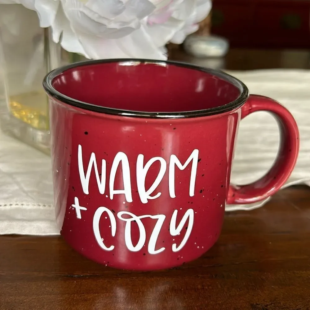 Mug warm + Cozy metal material burgundy and white color’s NWOT